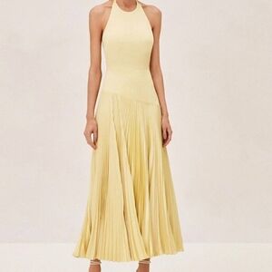 Alexis Saab Yellow Pleated Maxi Dress Medium Elegant Yellow Halter Dress
